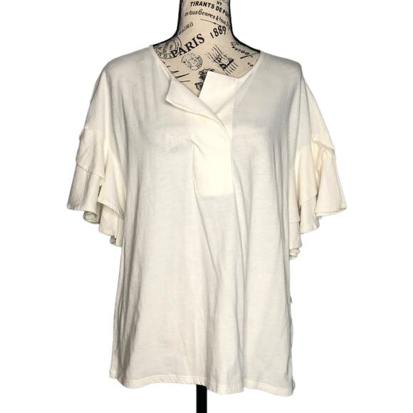Worthington MEDIUM Ruffle Short Bell Sleeve Split V Neck Blouse Tee Top - Picture 1 of 12